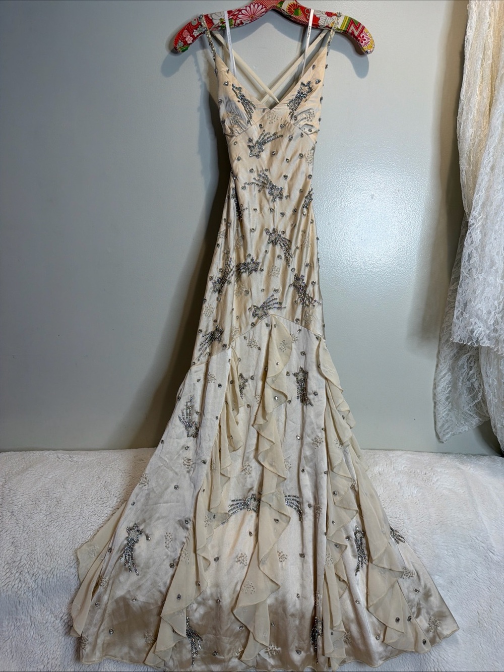 For Love & Lemons Elea Beaded Shooting Stars Ruffles Dreamy Maxi Dress XXS - Picture 4 of 11